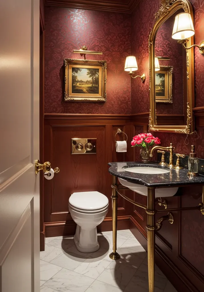 Drawing from the grandeur of historic opera houses and private gentleman's clubs, this design creates theatrical drama through rich burgundy tones and warm antique brass. The space feels like a private dressing room for distinguished guests.