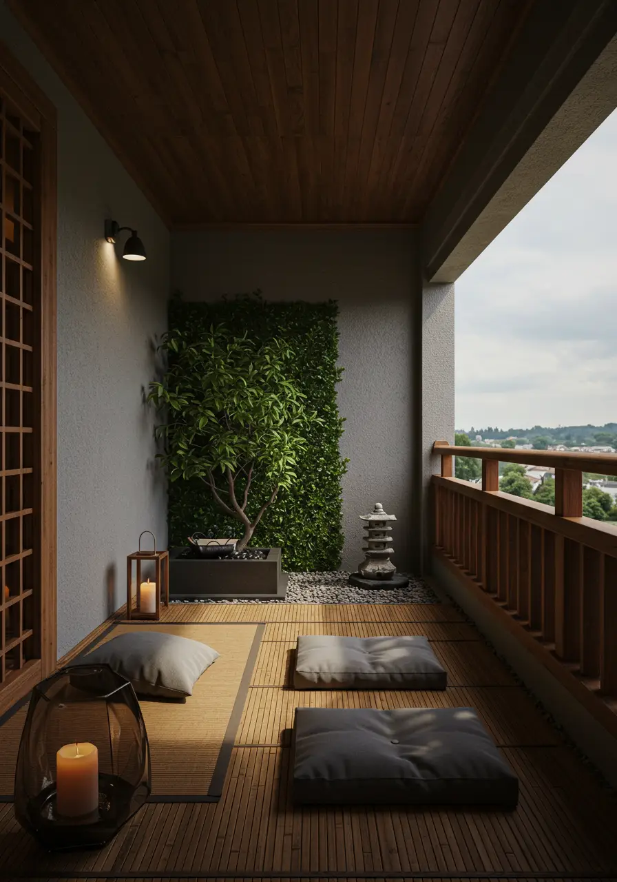 Rooted in Japanese design philosophy and the principles of wabi-sabi, this balcony concept creates a tranquil meditation space that celebrates imperfection and natural beauty. The design focuses on creating harmony through asymmetrical balance and the thoughtful use of natural materials.