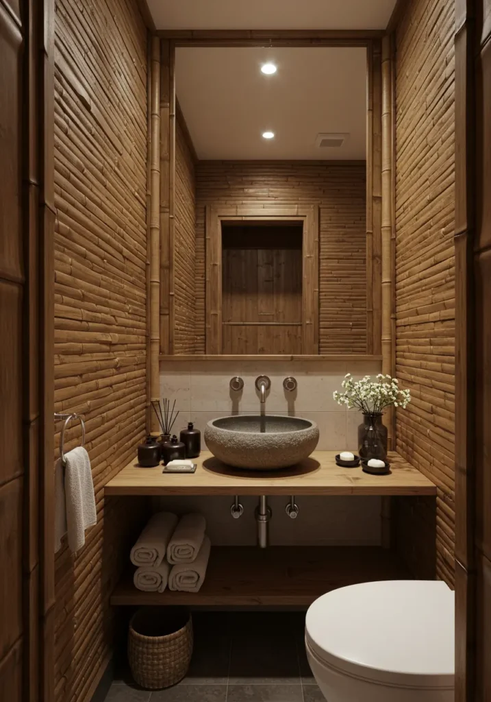 Rooted in Japanese design philosophy of wabi-sabi and mindful living, this powder room creates a meditative space through natural materials, clean lines, and thoughtful simplicity. Every element serves both function and beauty.