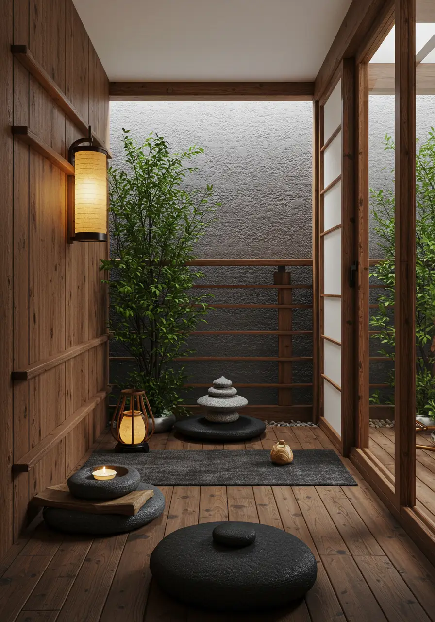 Rooted in traditional Japanese garden design principles, this balcony becomes a peaceful retreat focused on mindfulness and natural beauty.