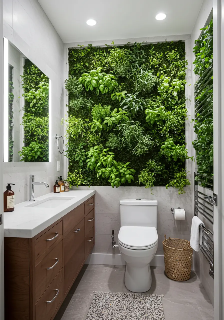 Transforming the powder room into a functional herb garden, this design provides fresh aromatics while purifying air and creating a unique sensory experience.