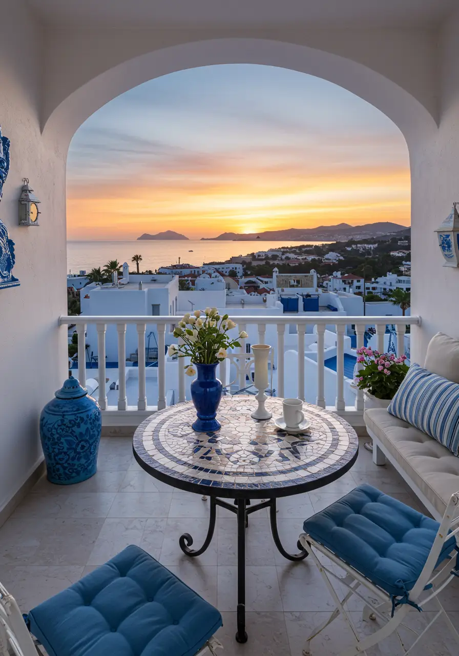 Capturing the magic of Greek island sunsets, this design creates a serene Mediterranean haven with stunning views and romantic ambiance.