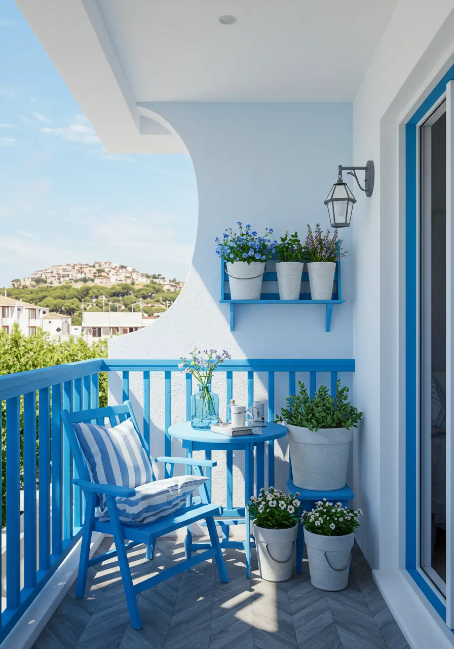 Evoking the charm of Greek islands and Italian coastal towns, this design brings Mediterranean warmth and relaxation to urban balconies through color, texture, and traditional materials.