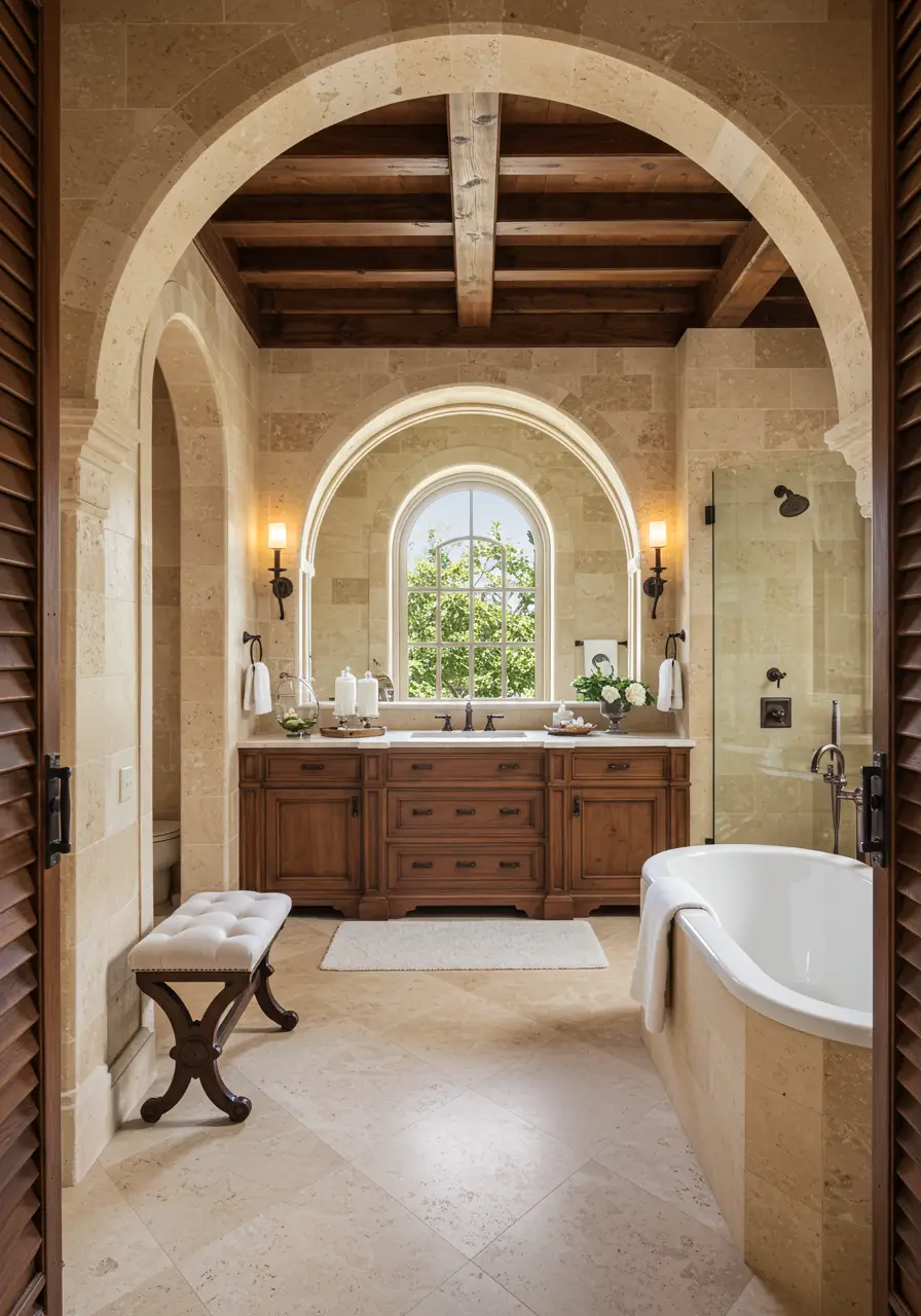 Evoking the romance of Italian countryside villas, this design combines rustic charm with refined elegance through natural stone, warm metals, and Old World craftsmanship.