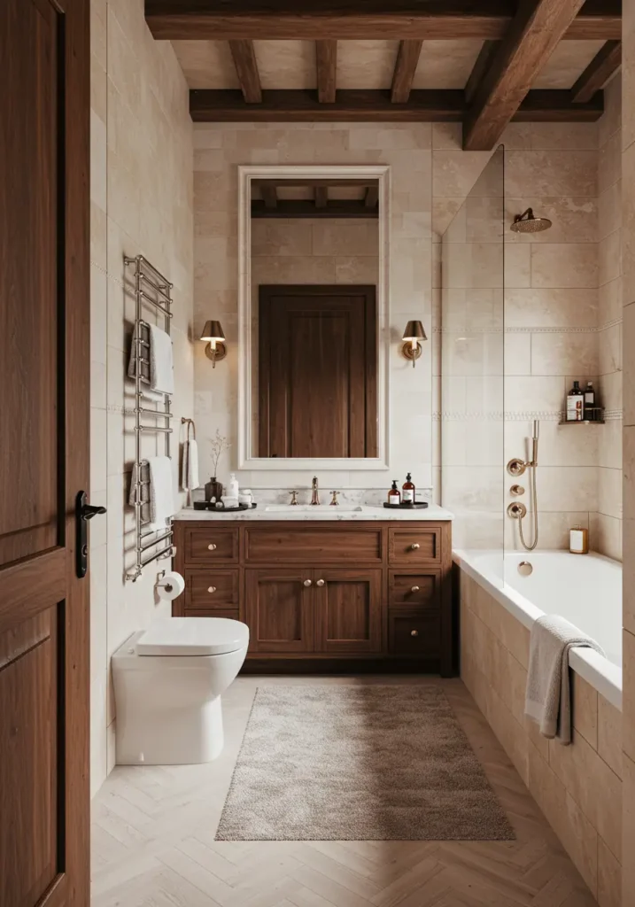 Inspired by Italian countryside villas, this design brings warmth and rustic sophistication to modern bathrooms. Ideal for homeowners who love European charm and prefer spaces that feel lived-in yet luxurious, with emphasis on natural materials and artisanal craftsmanship.