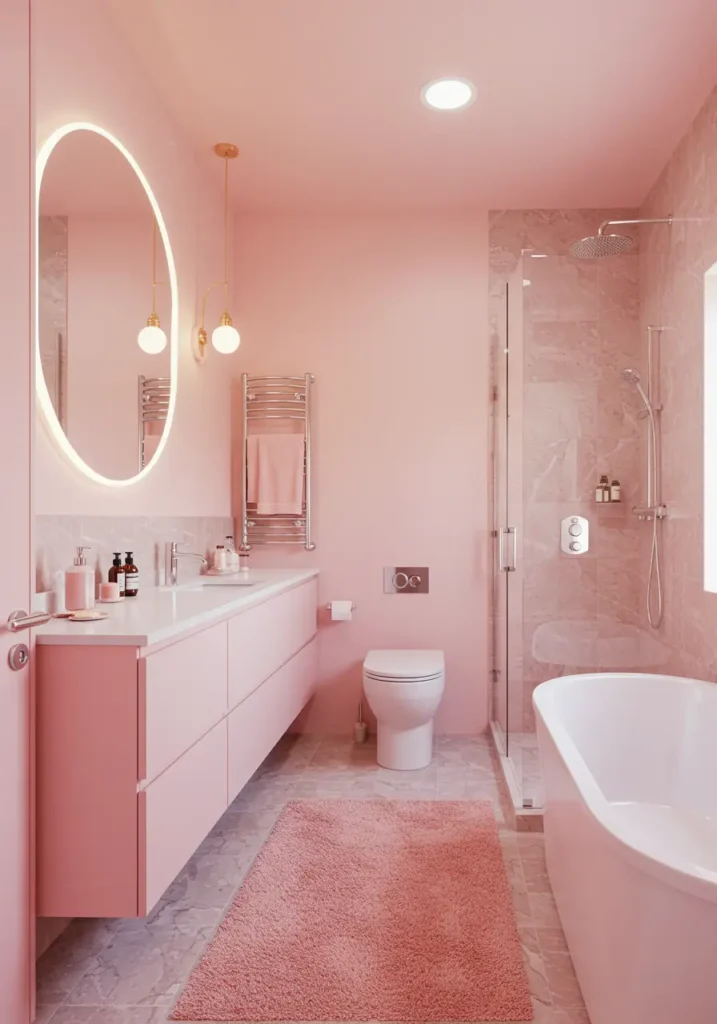 Embracing the "more is more" philosophy, this design celebrates millennial pink in all its glory while incorporating multiple patterns, textures, and decorative elements to create a joyful, energetic space that defies minimalist trends.