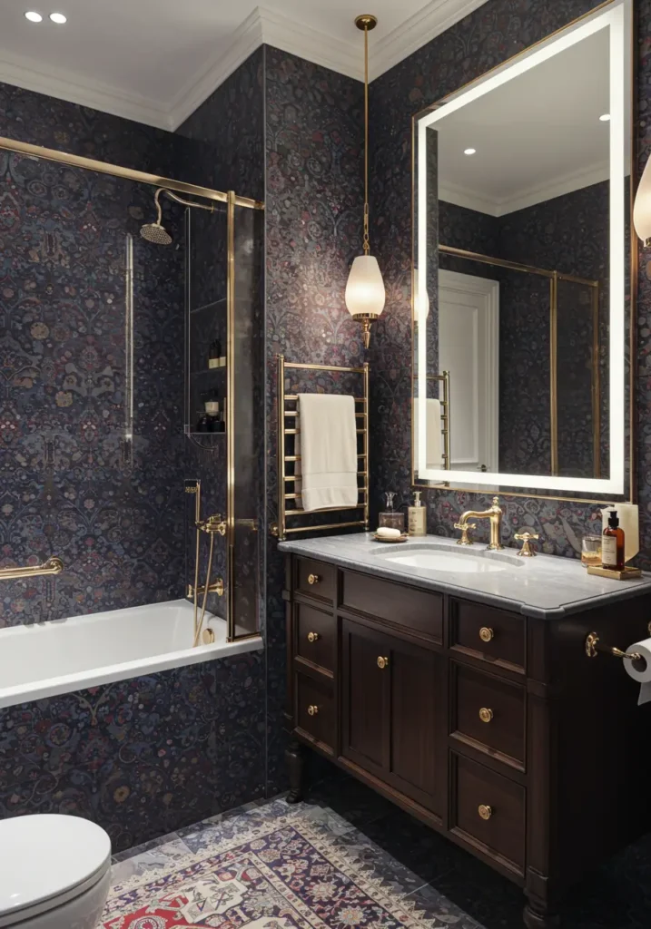 Challenging minimalist conventions, this design embraces pattern, color, and texture to create a jewel-box bathroom that celebrates abundance within limited square footage.