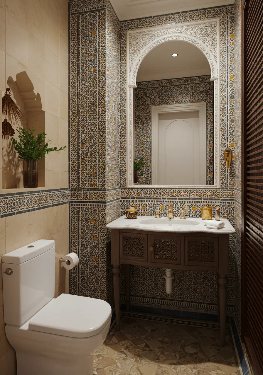 Inspired by the riads of Marrakech and the timeless beauty of Islamic architecture, this powder room creates an exotic sanctuary with intricate tilework, warm metallic accents, and rich textures that transport guests to an Arabian oasis.