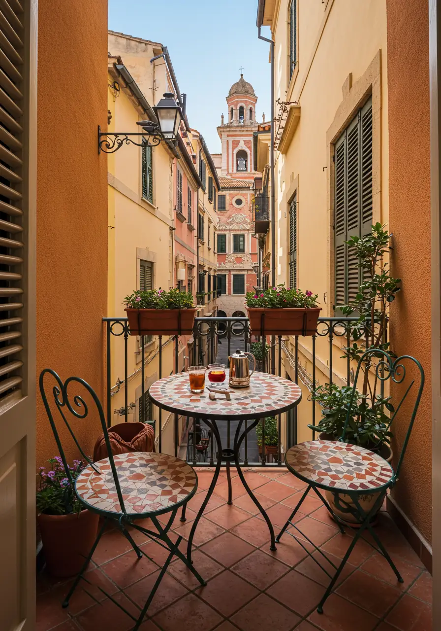 This concept recreates the charm of a European café terrace, maximizing dining and entertaining potential in a small space through clever furniture choices and Mediterranean-inspired styling.