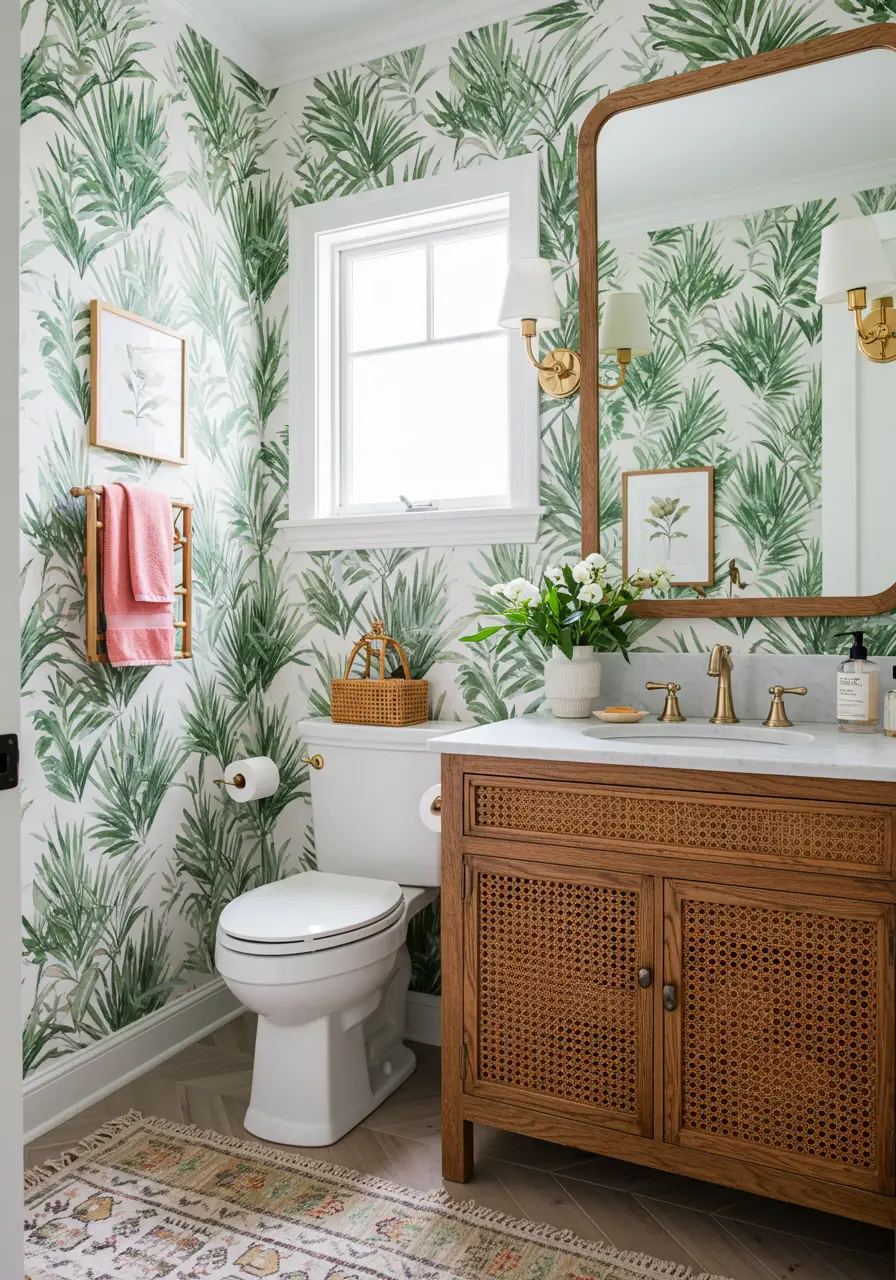 Reflecting 2025's escapism design trend, this concept features hand-painted watercolor palm leaf wallpaper that brings vacation vibes indoors. The artistic approach creates a sophisticated take on tropical design that feels fresh and contemporary.