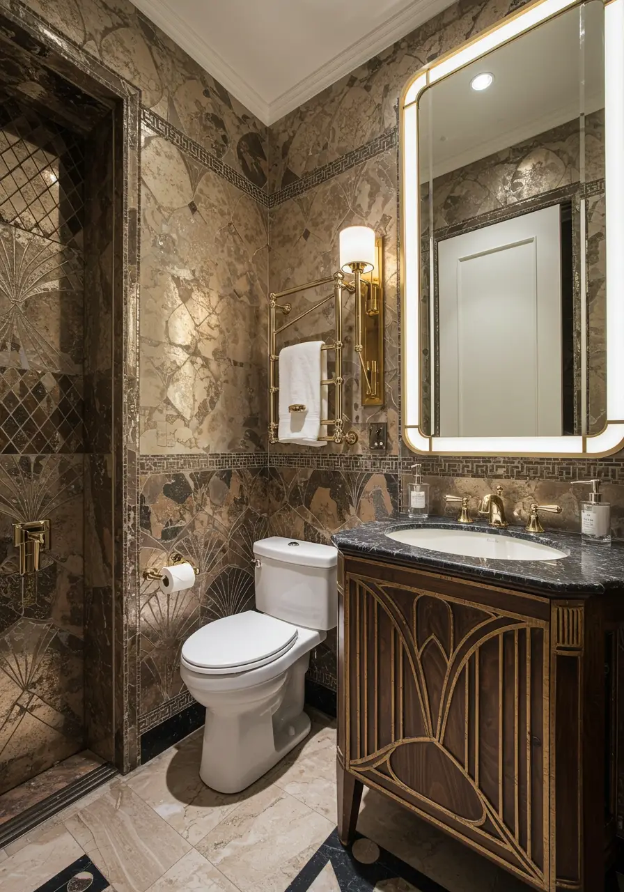 Channeling the sophisticated glamour of the Roaring Twenties, this powder room embodies the bold geometry, luxurious materials, and dramatic contrasts that defined the Art Deco movement, creating a space worthy of a Great Gatsby soirée.