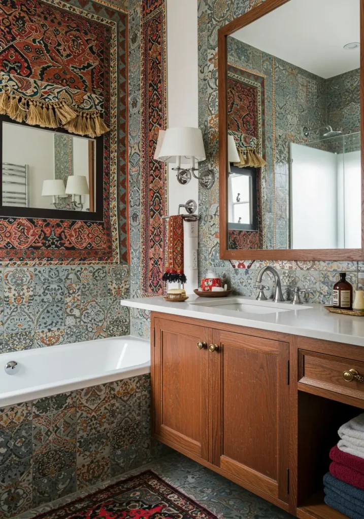 This free-spirited concept celebrates global influences and artistic expression through mixed patterns, textures, and colors. Perfect for creative homeowners who love to travel and want their bathroom to reflect their adventurous spirit and collected treasures from around the world.