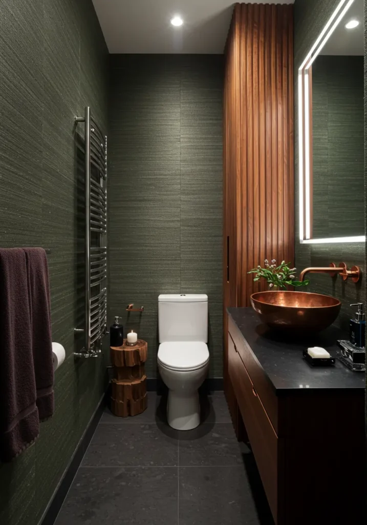 This concept blends Japanese minimalism with warm copper accents, creating a meditative space that feels both grounding and luxurious. The design emphasizes natural textures and the calming properties of copper while maintaining sophisticated restraint.