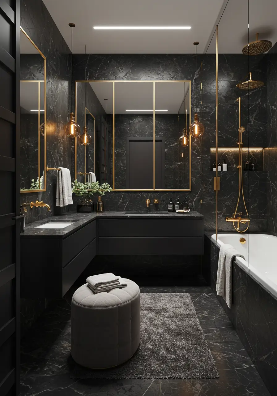 Drawing from high-end hospitality design, this bathroom creates theatrical luxury through bold contrasts, metallic accents, and sophisticated geometric forms.