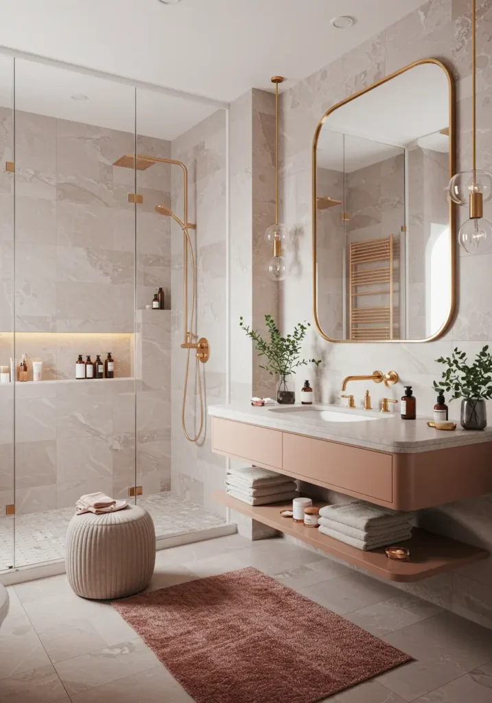Drawing from luxury spa environments and the therapeutic qualities of eucalyptus, this design creates a wellness-focused feminine retreat that promotes self-care and rejuvenation through natural materials and calming green tones.