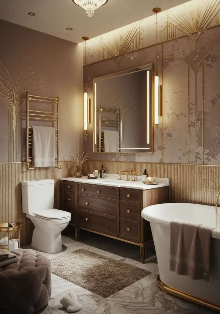 Drawing from 1920s luxury and Hollywood glamour, this design recreates old-world elegance through geometric patterns and metallic accents.