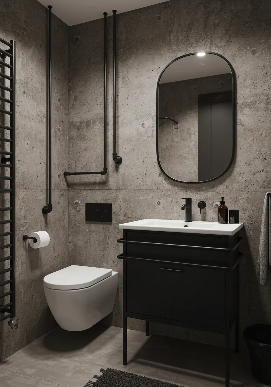 This edgy concept embraces 2025's industrial aesthetic with hyper-realistic concrete texture wallpaper that mimics authentic poured concrete surfaces. The design celebrates raw materials while maintaining residential comfort and functionality.