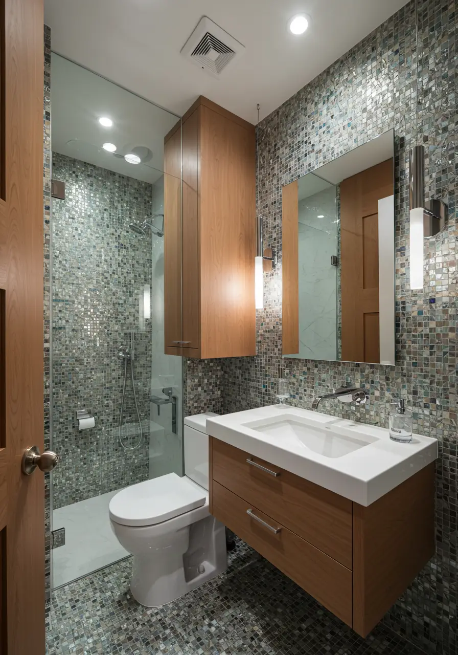 Celebrating the beauty of recycled materials, this design features stunning mosaic work created entirely from post-consumer glass, creating jewel-like surfaces that catch and reflect light.