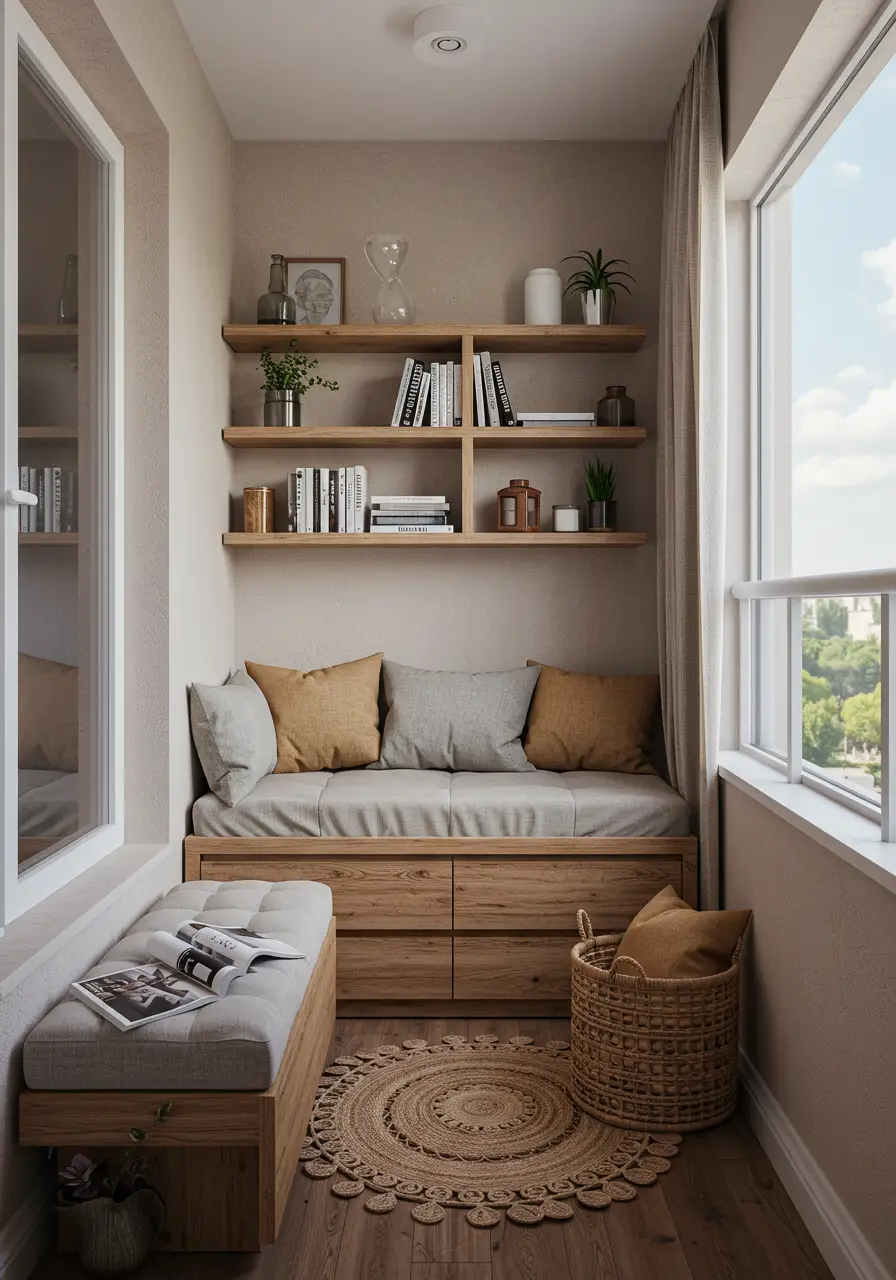 Combining contemporary design with bohemian textures, this concept creates the perfect literary escape with comfortable seating, abundant natural light, and organized book storage.