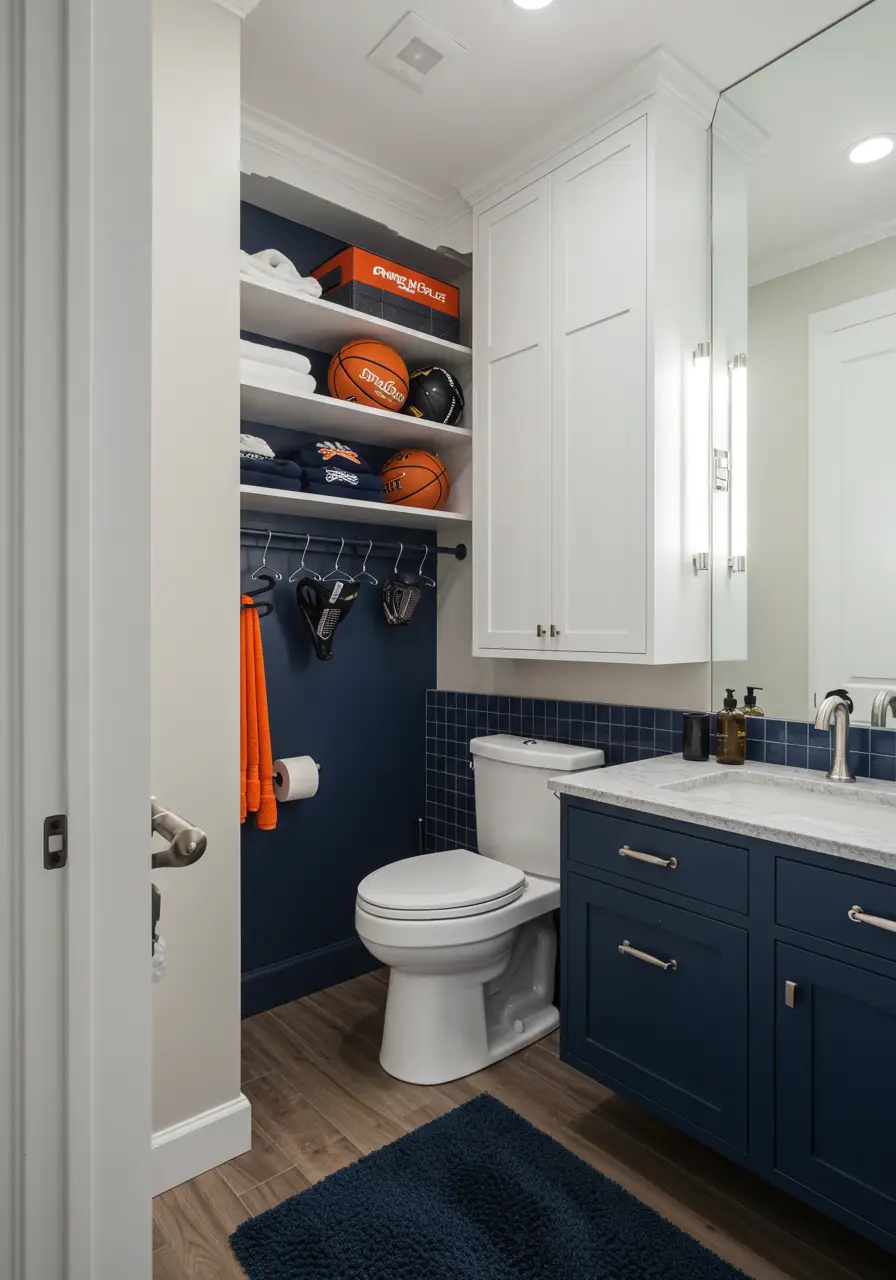 Tailored for active families involved in various sports and outdoor activities, this powder room serves as a decontamination and preparation station with specialized storage for sports equipment and gear.