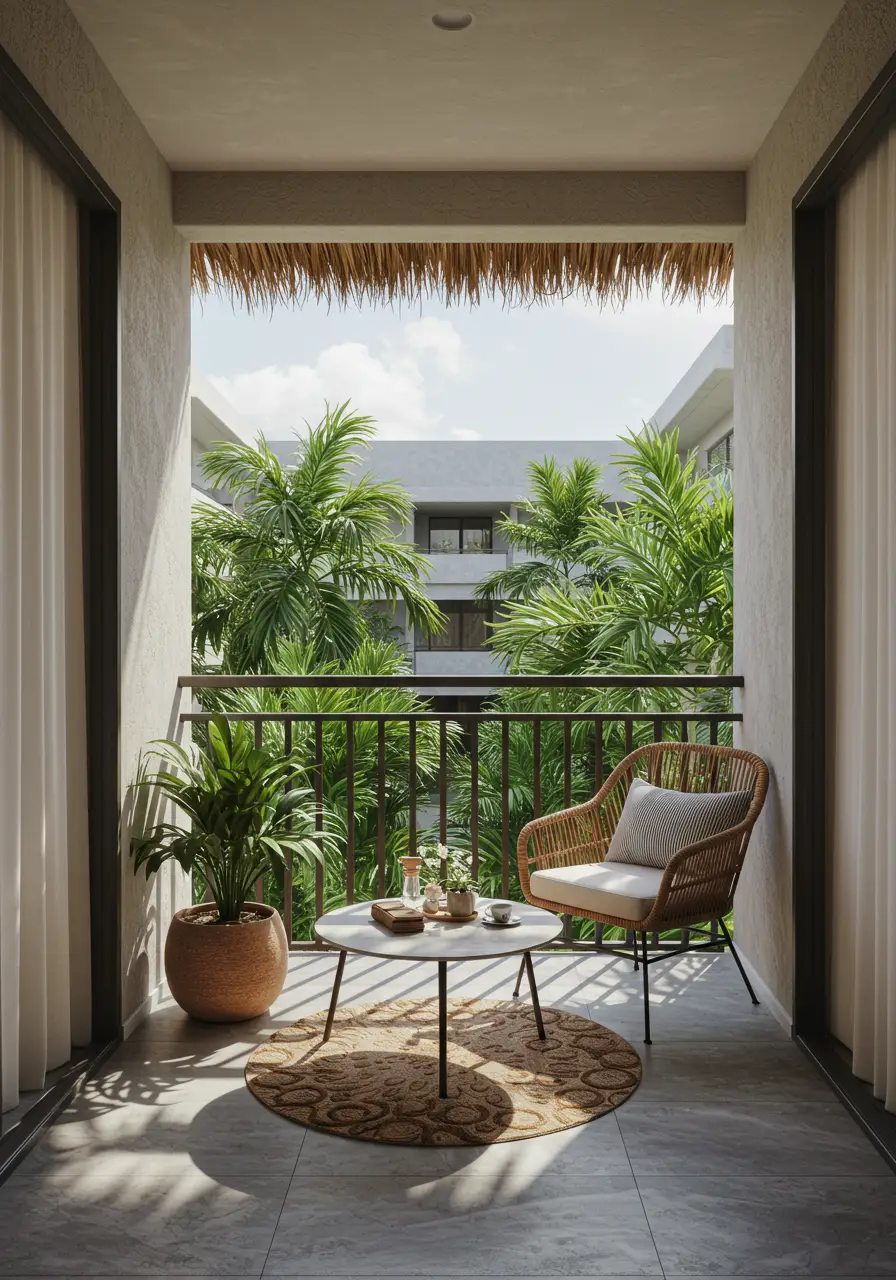 Capturing the essence of a luxury tropical resort, this design brings vacation vibes home with lush plants and natural textures.