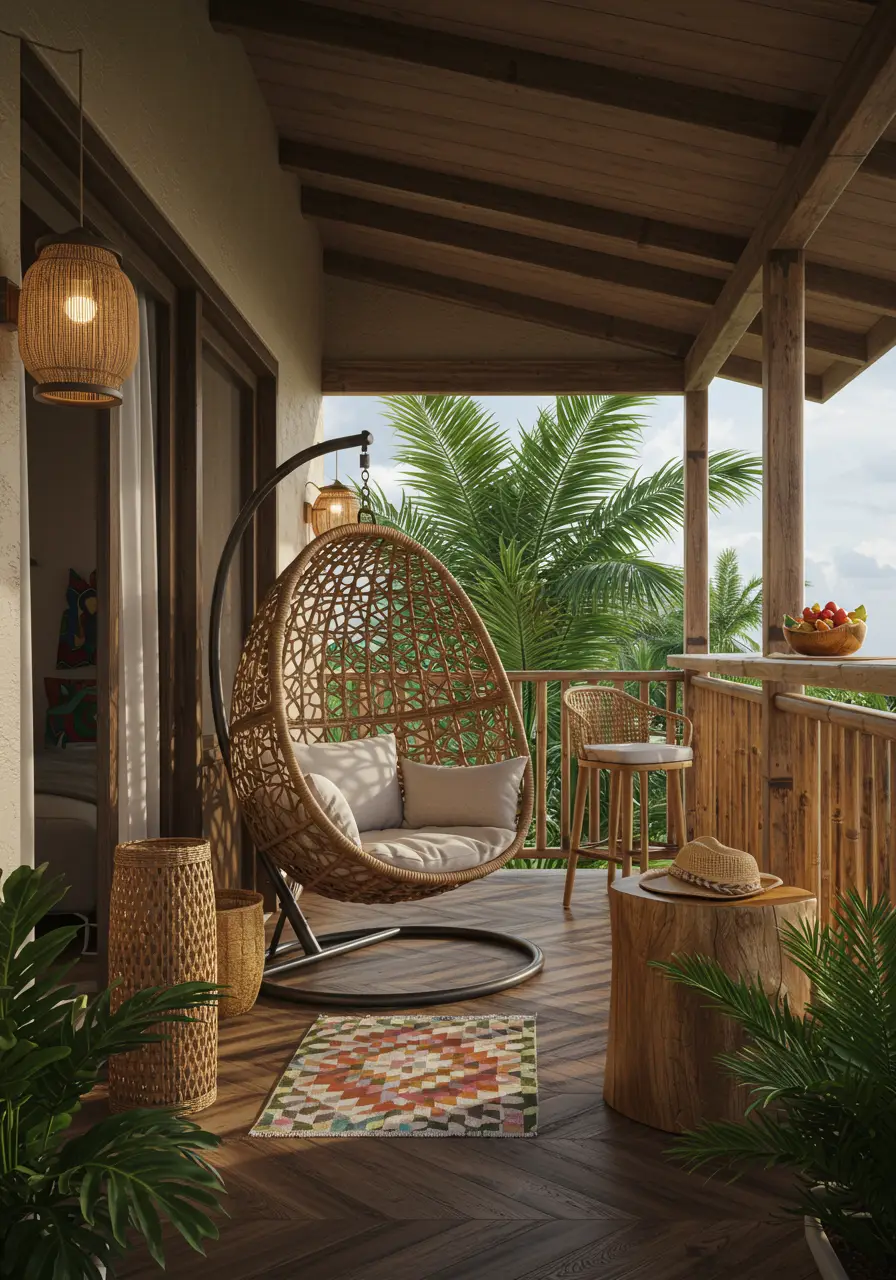 This design transforms any balcony into a luxurious tropical resort experience, combining vibrant colors, lush textures, and island-inspired elements. The concept brings vacation vibes home with authentic materials and bold tropical styling that encourages relaxation and escape.