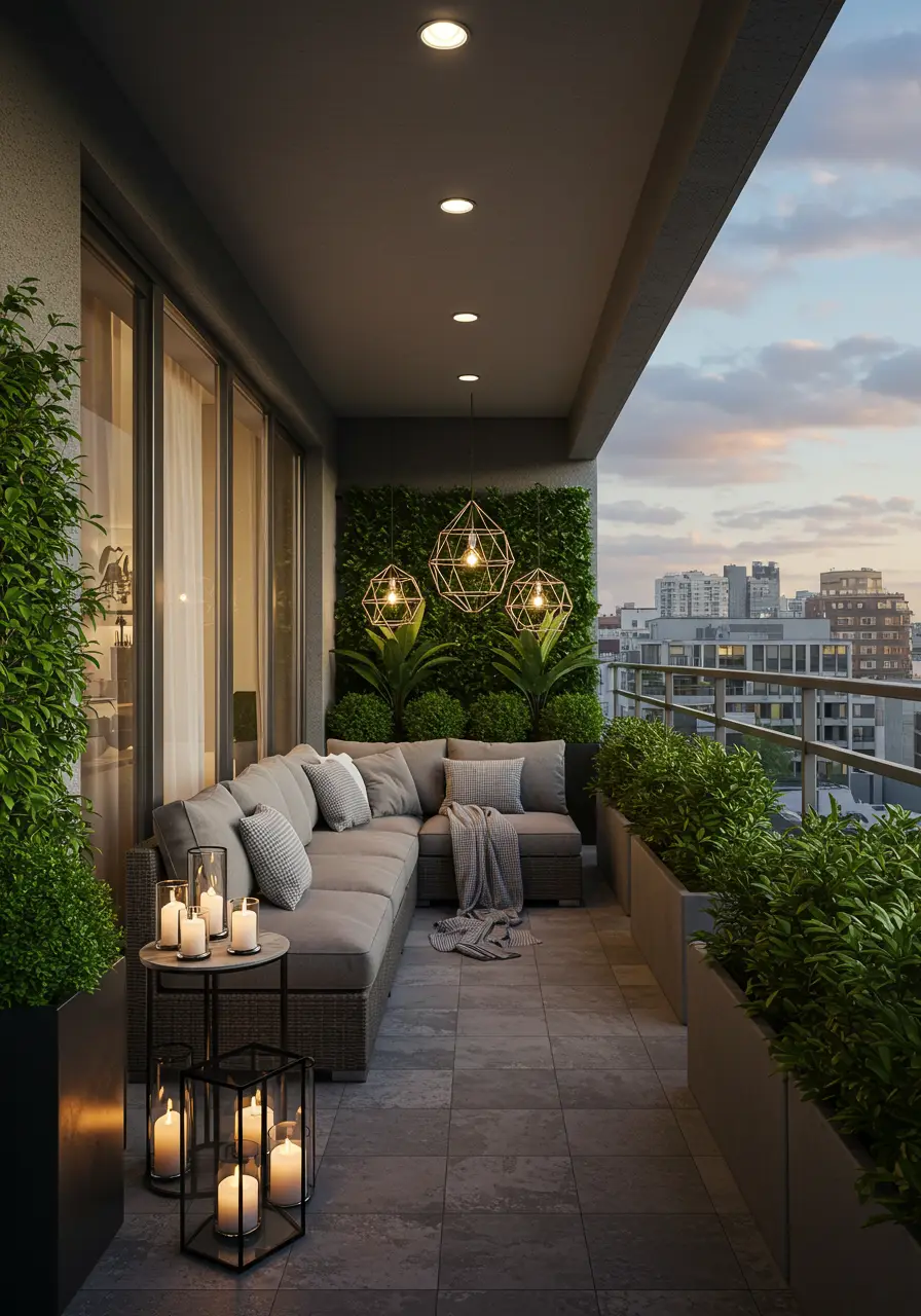 Transforming city living into a green oasis, this design combines modern urban aesthetics with lush natural elements for sophisticated romance.