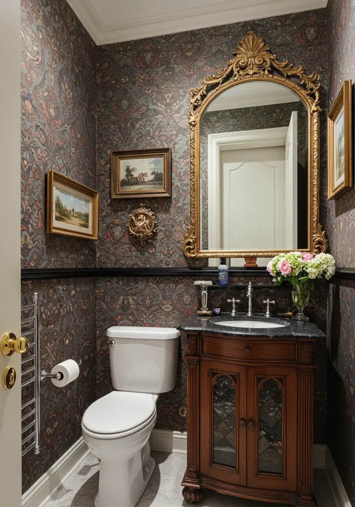 Blending Victorian elegance with gothic drama, this powder room creates an enchanting space reminiscent of romantic literature. Rich textures and ornate details transform a small space into a sophisticated jewel box.