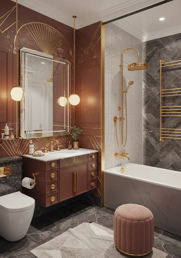 Channeling the opulence of the 1920s, this design brings Art Deco glamour to small spaces through geometric patterns, metallic finishes, and luxurious materials.
