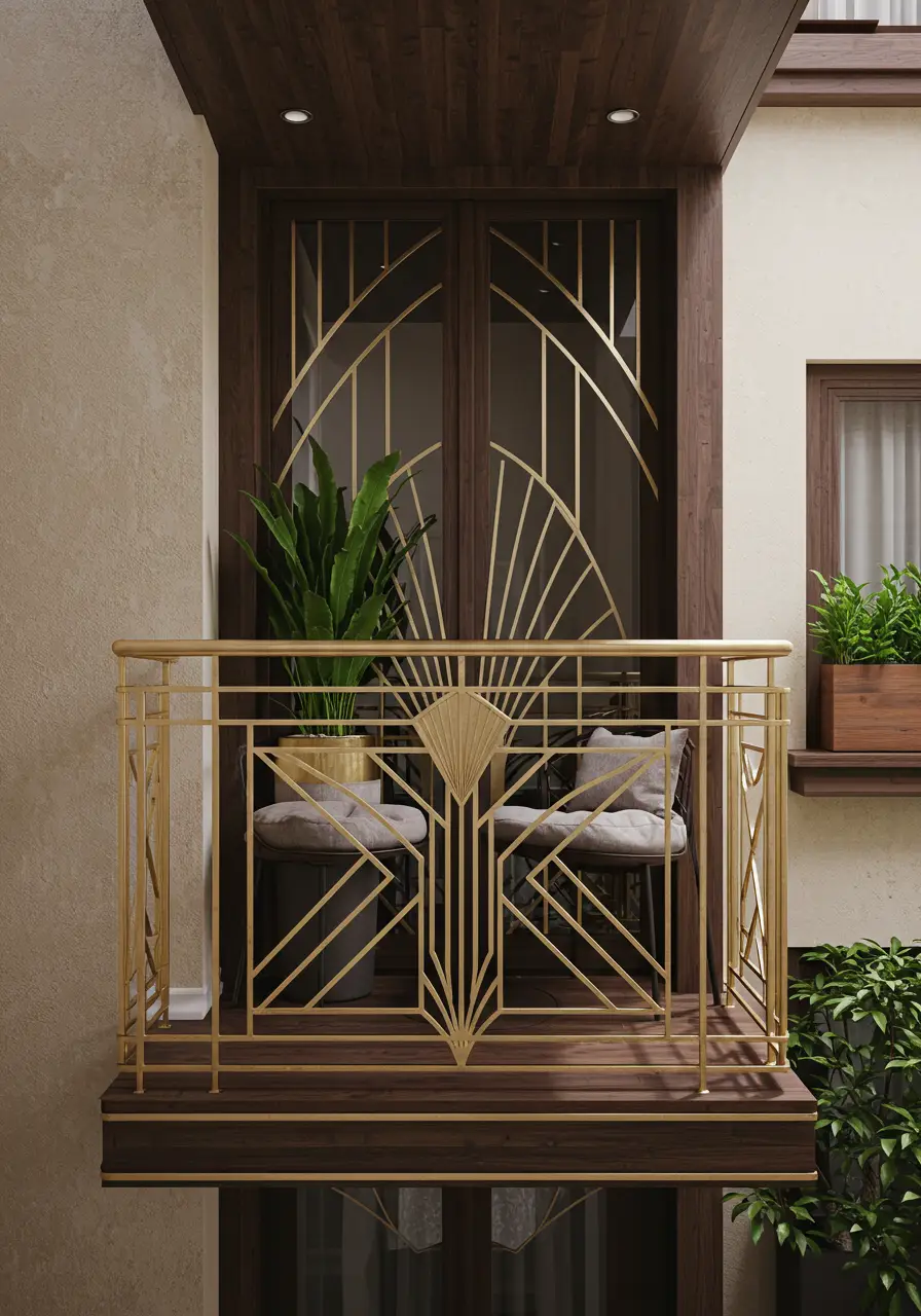 Drawing from the golden age of design, this balcony embodies the luxury and sophistication of Art Deco styling with geometric patterns and metallic accents.