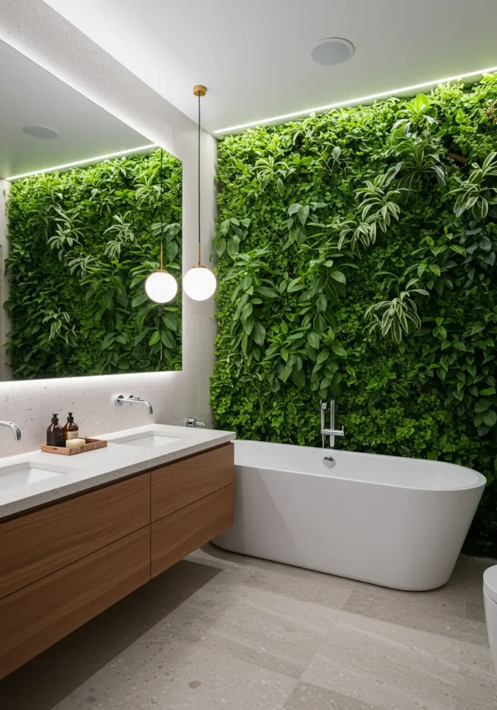 Integrating nature directly into the bathroom space, this design creates a greenhouse-like environment that promotes wellness and connection to the natural world. Ideal for plant enthusiasts and health-conscious homeowners who want to create an indoor jungle experience.
