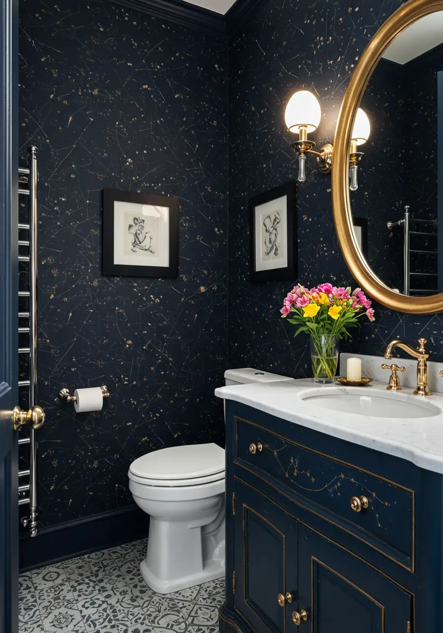 This enchanting concept taps into 2025's celestial design trend with deep navy wallpaper featuring gold constellation patterns. The design creates an intimate, cosmic atmosphere that transforms the powder room into a stargazing sanctuary.
