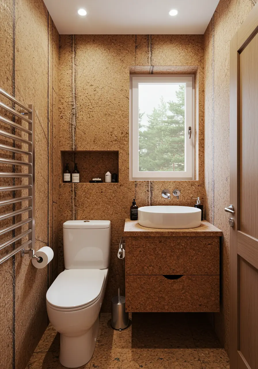 Utilizing cork's natural antimicrobial and water-resistant properties, this design creates a forest-like environment that's both practical and deeply connected to nature.