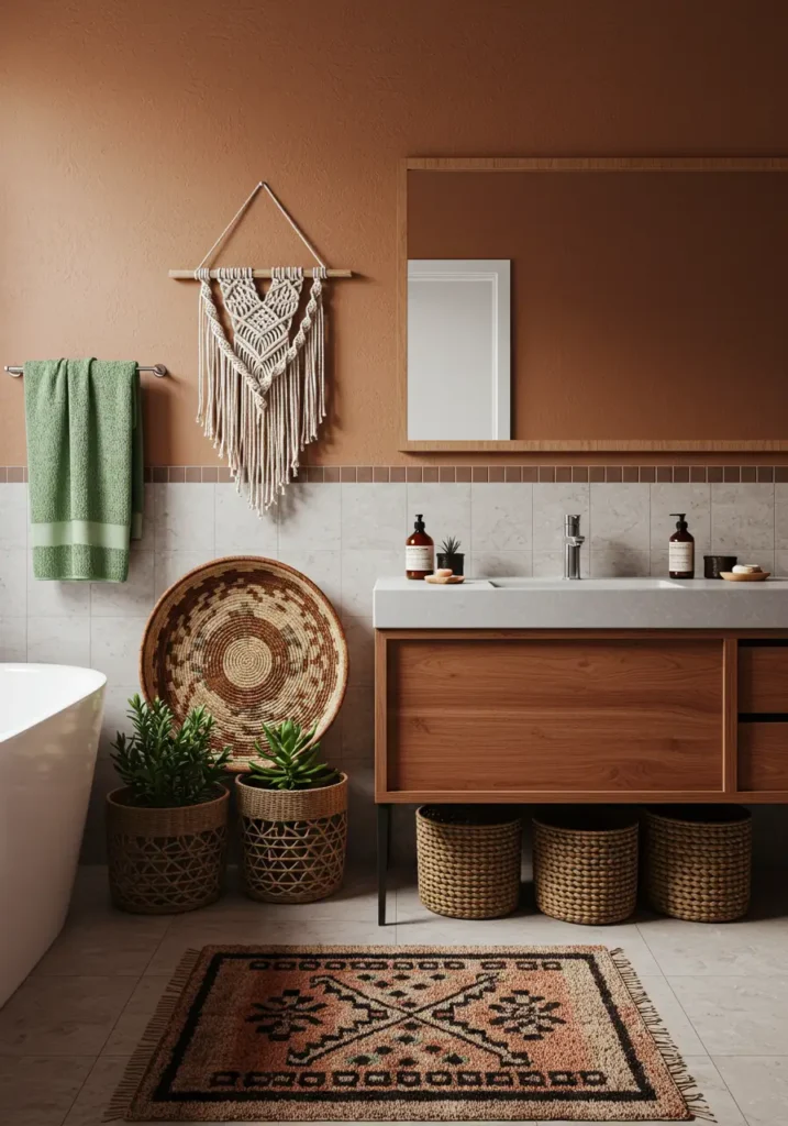 Combining southwestern desert aesthetics with modern minimalism, this design creates a serene retreat using earthy tones, geometric patterns, and natural textures that evoke peaceful desert landscapes.