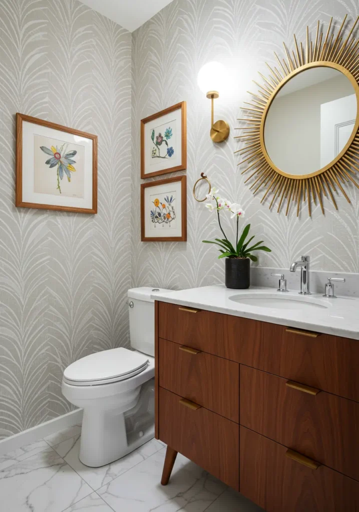 Capturing the optimism and atomic age design of the 1950s and 60s, this powder room features bold geometric patterns, vibrant colors, and sleek functionality that celebrates mid-century innovation.