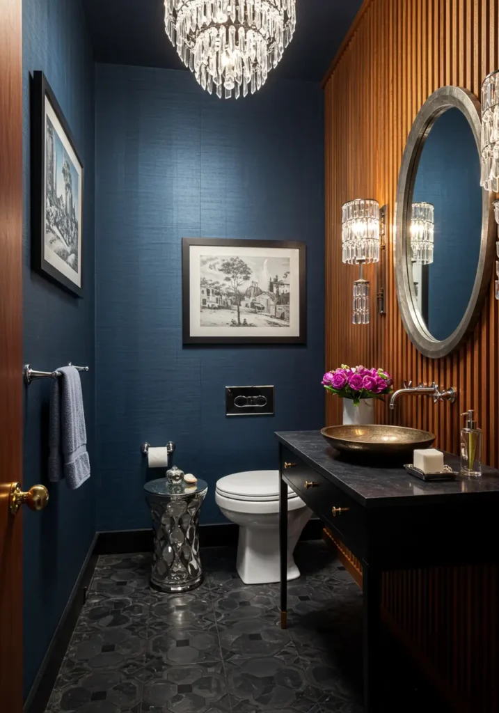 Inspired by the sophistication of midnight soirées and the glamour of silver screen era Hollywood, this design creates cinematic luxury through deep blue tones and dramatic silver leaf applications that catch and reflect light beautifully.