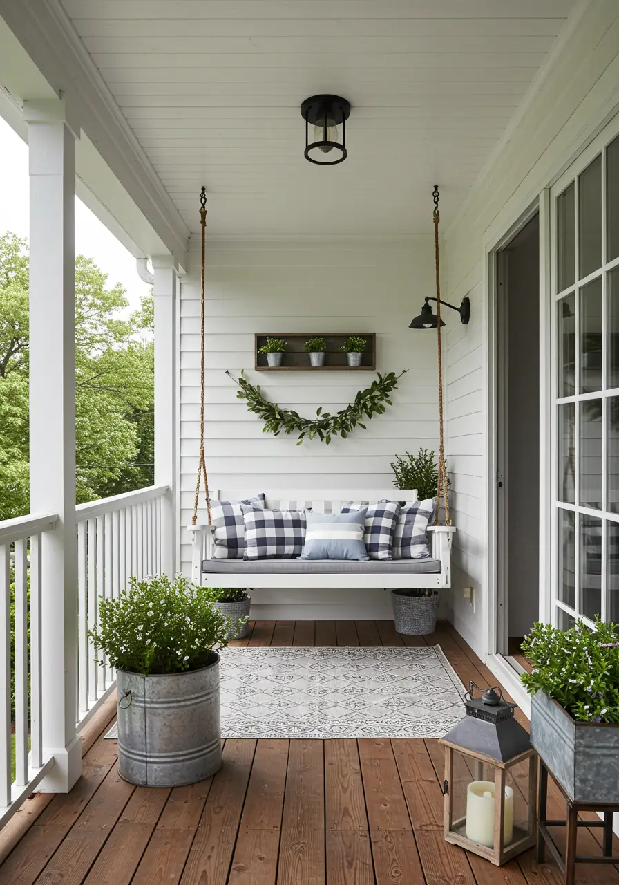This concept merges the warmth of farmhouse style with contemporary functionality, creating a welcoming outdoor space that feels both nostalgic and current. The design emphasizes natural materials, vintage charm, and practical comfort for modern living.
