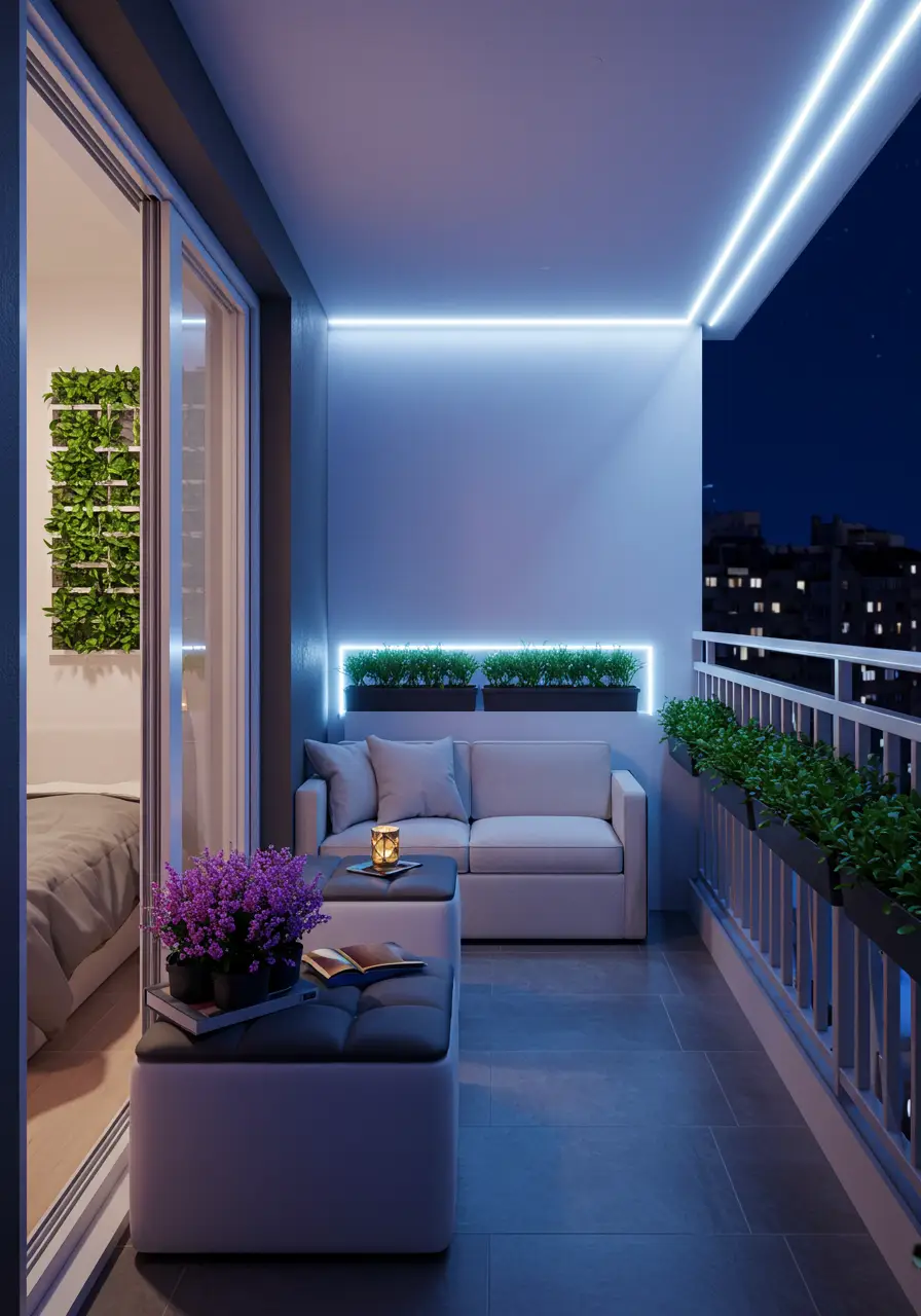 This futuristic concept integrates smart home technology with sleek design, creating an automated outdoor environment that maximizes comfort and convenience in minimal space.