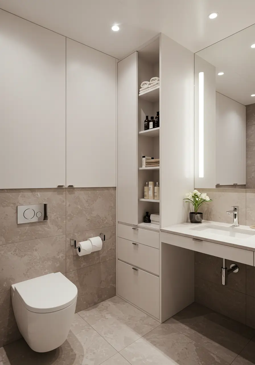 This design maximizes every square inch to serve multiple family functions simultaneously. Perfect for smaller homes where space is premium, this powder room transforms into whatever the family needs most at any given moment.