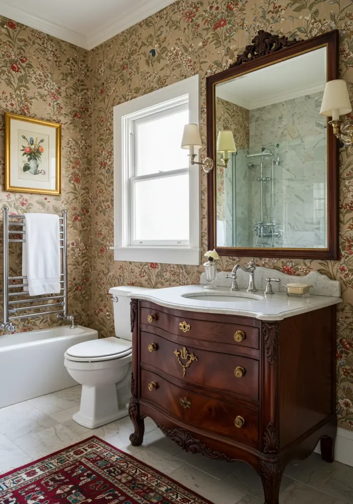 Celebrating the ornate beauty of Victorian design, this concept brings period-appropriate luxury to a small space with careful attention to authentic details and romantic flourishes.