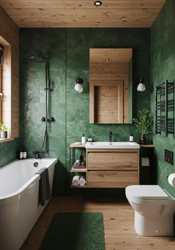 Bringing the tranquility of Nordic forests indoors, this design uses rich woods and forest tones to create a cozy cabin atmosphere in urban settings.