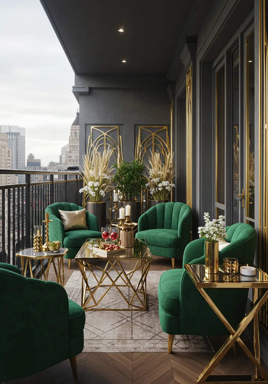 Inspired by the opulent style of the 1920s and the sophisticated glamour of Art Deco design, this balcony concept creates a luxurious urban retreat. The design combines geometric patterns, metallic accents, and bold colors to evoke the elegance of a bygone era with modern functionality.