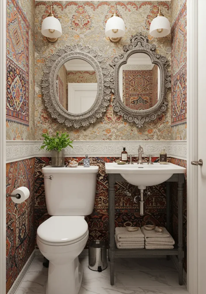 Celebrating global textures, rich colors, and eclectic artistry, this powder room becomes a bohemian retreat filled with meaningful objects and worldly sophistication. Every surface tells a story of travel and cultural appreciation.