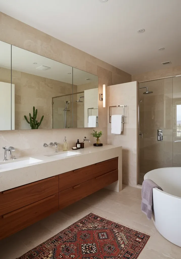 Inspired by southwestern landscapes and adobe architecture, this design brings desert tranquility indoors through warm earth tones and natural textures.