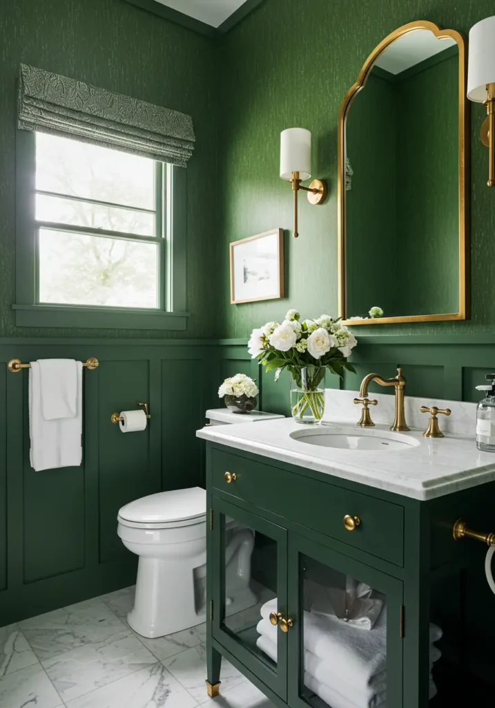 This design draws inspiration from luxury hunting lodges and English country estates, combining rich forest green with warm brushed gold to create a sophisticated retreat that feels both natural and refined.