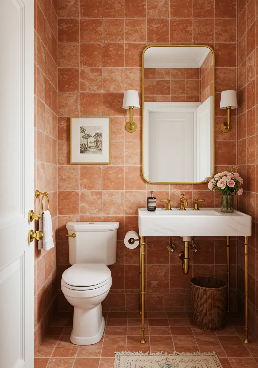 This warm concept embraces 2025's Mediterranean revival with wallpaper that perfectly mimics handcrafted terracotta tiles. The design brings Old World charm to modern spaces while maintaining contemporary functionality and style.