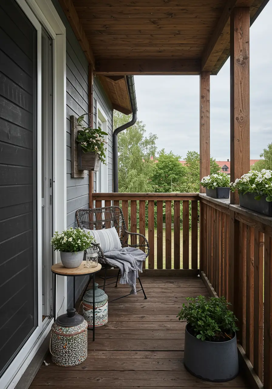 Blending rural charm with contemporary comfort, this design brings the warmth of farmhouse living to urban balcony spaces.
