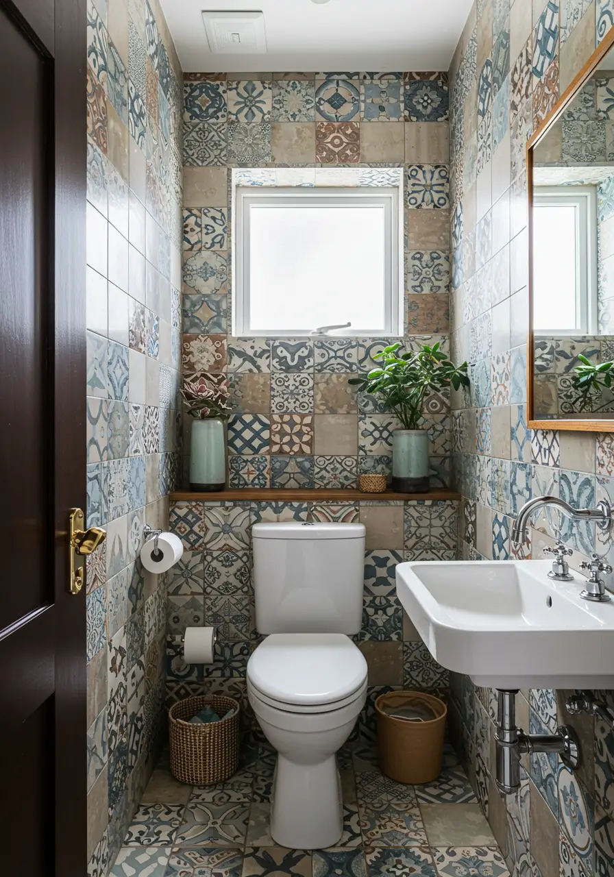 This design celebrates the imperfect beauty of mismatched reclaimed tiles, creating a patchwork quilt effect that tells the story of different buildings and eras while preventing waste.