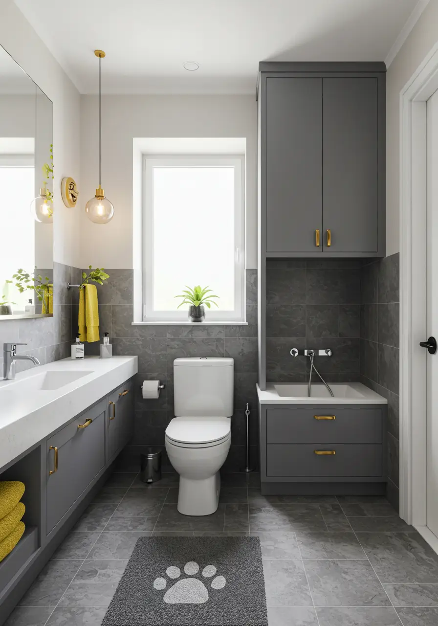 Recognizing that pets are family members too, this powder room design accommodates both human and pet needs. Perfect for busy families with furry friends who need their own grooming and care station.