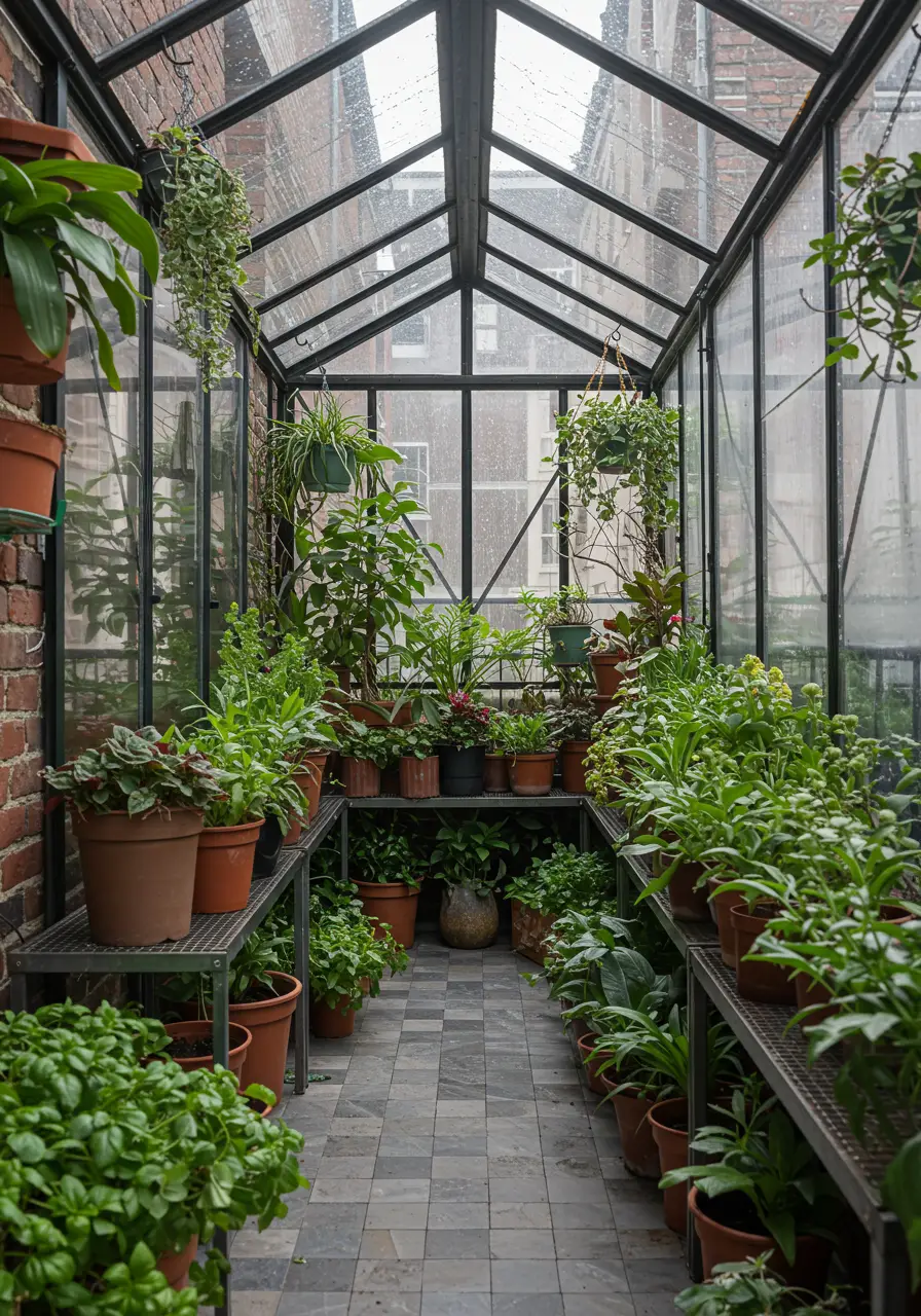 This concept transforms a small balcony into a mini greenhouse environment, perfect for serious plant enthusiasts who want to maximize growing potential year-round.